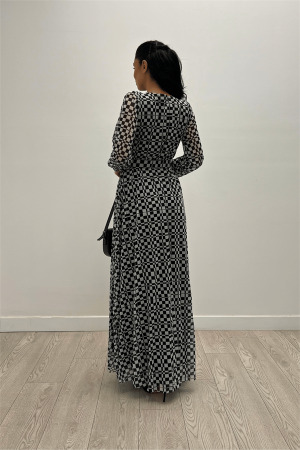Tül Kumaş Kare Baskılı Maksi Elbise - SİYAH - 5