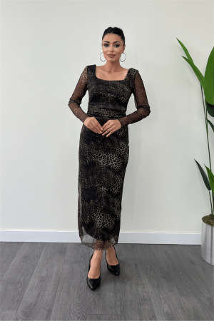 Tül Kumaş Kare Yaka Büzgü Detaylı Elbise - LEOPAR - Angelino Moda