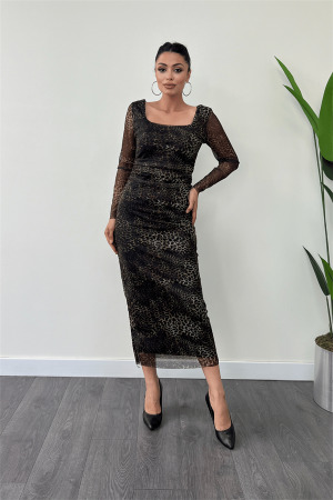 Tül Kumaş Kare Yaka Büzgü Detaylı Elbise - LEOPAR - Angelino Moda (1)