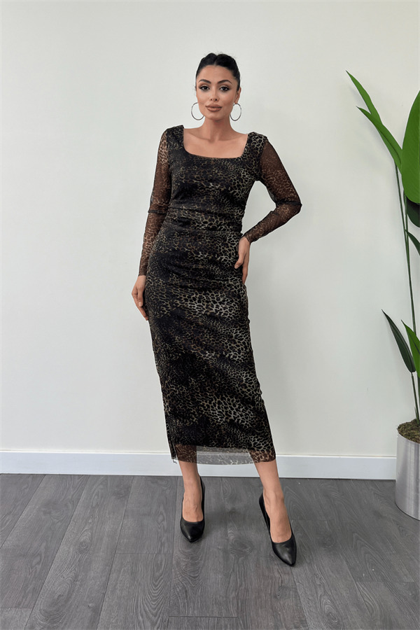 Tül Kumaş Kare Yaka Büzgü Detaylı Elbise - LEOPAR - 2