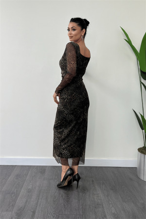 Tül Kumaş Kare Yaka Büzgü Detaylı Elbise - LEOPAR - 5