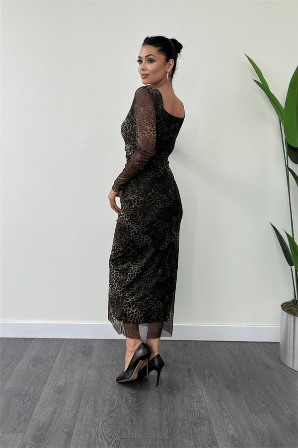 Tül Kumaş Kare Yaka Büzgü Detaylı Elbise - LEOPAR - 5