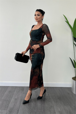 Tül Kumaş Kare Yaka Büzgü Detaylı Elbise - YEŞİL - Angelino Moda