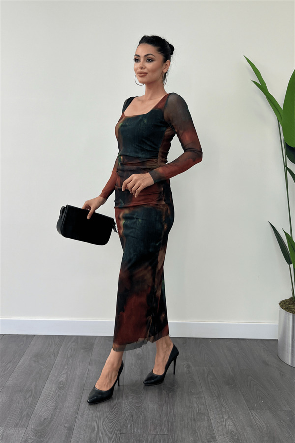 Tül Kumaş Kare Yaka Büzgü Detaylı Elbise - YEŞİL - 1