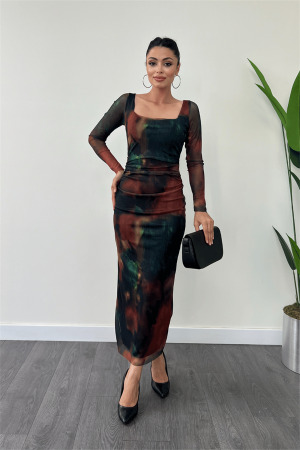 Tül Kumaş Kare Yaka Büzgü Detaylı Elbise - YEŞİL - Angelino Moda (1)