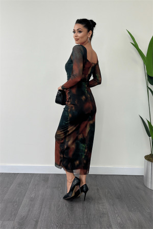 Tül Kumaş Kare Yaka Büzgü Detaylı Elbise - YEŞİL - 5