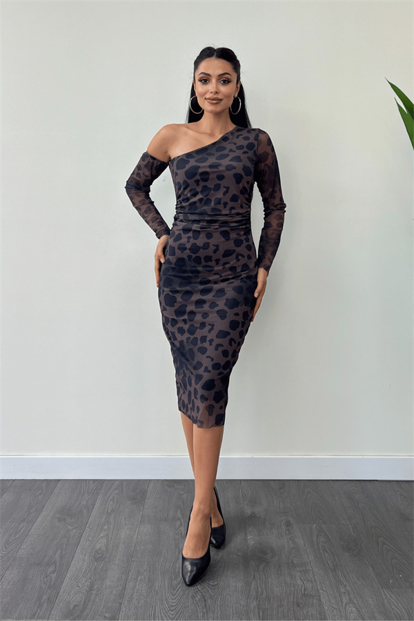 Tül Kumaş Kayık Yaka Kalem Elbise - KAHVERENGİ - 1