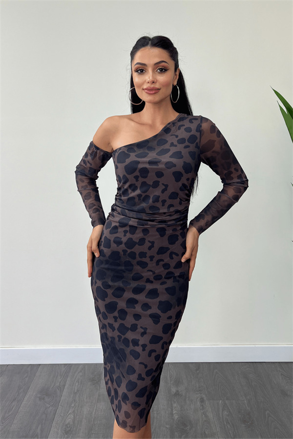 Tül Kumaş Kayık Yaka Kalem Elbise - KAHVERENGİ - 3