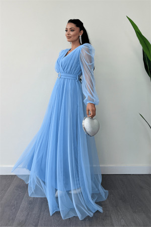Tül Kumaş Kruvaze Yaka Maxi Elbise - BEBE MAVİSİ - Angelino Moda (1)
