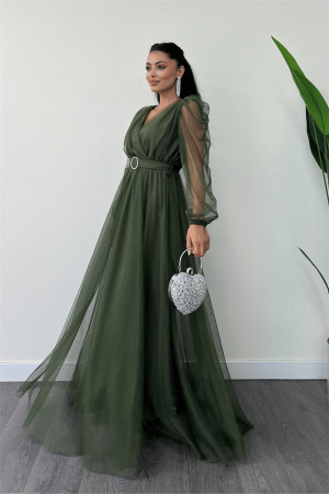 Tül Kumaş Kruvaze Yaka Maxi Elbise - HAKİ YEŞİLİ - Angelino Moda (1)