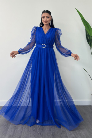 Tül Kumaş Kruvaze Yaka Maxi Elbise - SAKS MAVİ - Angelino Moda (1)