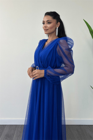 Tül Kumaş Kruvaze Yaka Maxi Elbise - SAKS MAVİ - 3