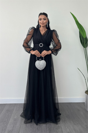 Tül Kumaş Kruvaze Yaka Maxi Elbise - SİYAH - Angelino Moda