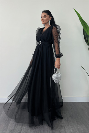 Tül Kumaş Kruvaze Yaka Maxi Elbise - SİYAH - Angelino Moda (1)