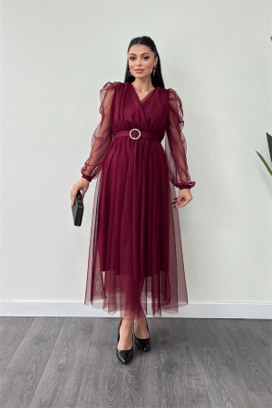 Tül Kumaş Kruvaze Yaka Taş Kemer Detaylı Elbise - BORDO - Angelino Moda