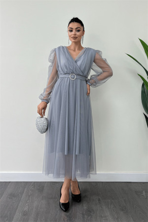 Tül Kumaş Kruvaze Yaka Taş Kemer Detaylı Elbise - GRİ - Angelino Moda