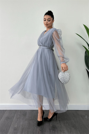 Tül Kumaş Kruvaze Yaka Taş Kemer Detaylı Elbise - GRİ - Angelino Moda (1)