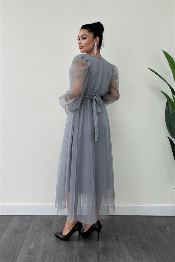 Tül Kumaş Kruvaze Yaka Taş Kemer Detaylı Elbise - GRİ - 5