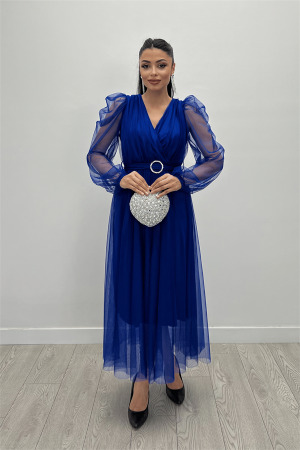 Tül Kumaş Kruvaze Yaka Taş Kemer Detaylı Elbise - SAKS MAVİ - Angelino Moda