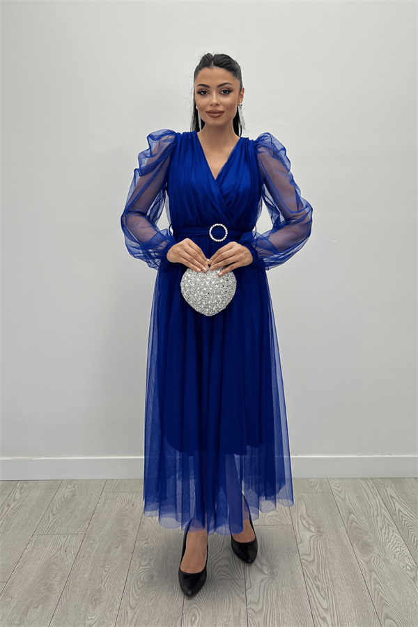 Tül Kumaş Kruvaze Yaka Taş Kemer Detaylı Elbise - SAKS MAVİ - 1