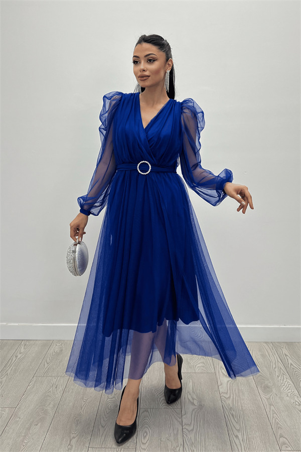 Tül Kumaş Kruvaze Yaka Taş Kemer Detaylı Elbise - SAKS MAVİ - 2