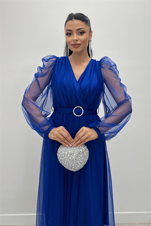 Tül Kumaş Kruvaze Yaka Taş Kemer Detaylı Elbise - SAKS MAVİ - 4