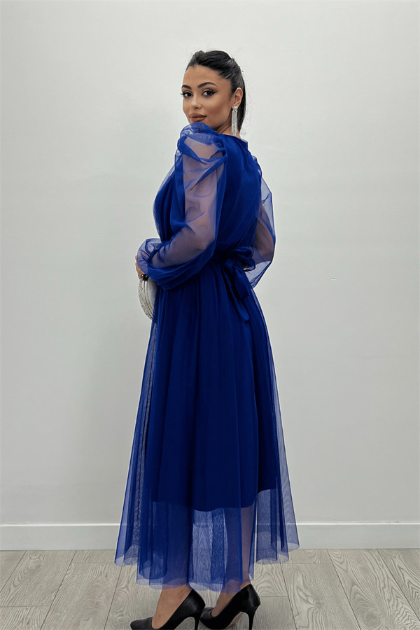 Tül Kumaş Kruvaze Yaka Taş Kemer Detaylı Elbise - SAKS MAVİ - 5