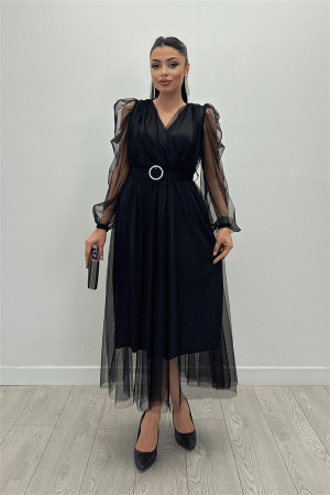 Tül Kumaş Kruvaze Yaka Taş Kemer Detaylı Elbise - SİYAH - Angelino Moda
