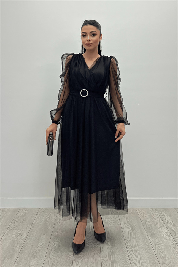 Tül Kumaş Kruvaze Yaka Taş Kemer Detaylı Elbise - SİYAH - 1