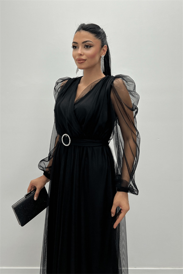 Tül Kumaş Kruvaze Yaka Taş Kemer Detaylı Elbise - SİYAH - 3