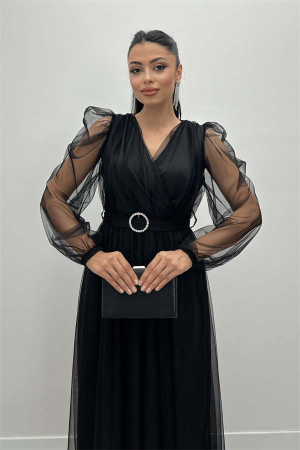 Tül Kumaş Kruvaze Yaka Taş Kemer Detaylı Elbise - SİYAH - 4