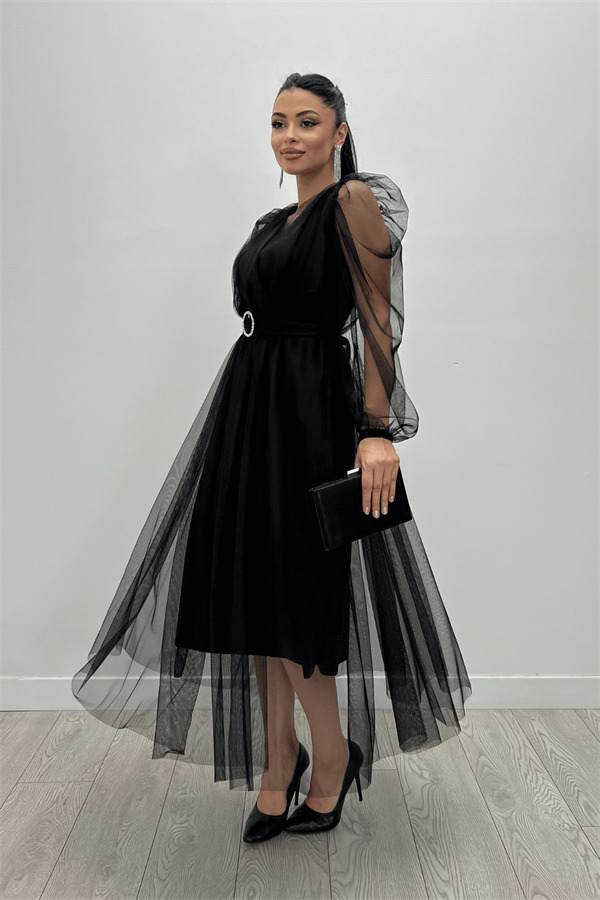 Tül Kumaş Kruvaze Yaka Taş Kemer Detaylı Elbise - SİYAH - 6