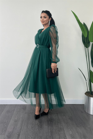Tül Kumaş Kruvaze Yaka Taş Kemer Detaylı Elbise - ZÜMRÜT YEŞİL - Angelino Moda