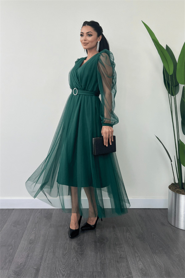 Tül Kumaş Kruvaze Yaka Taş Kemer Detaylı Elbise - ZÜMRÜT YEŞİL - 1