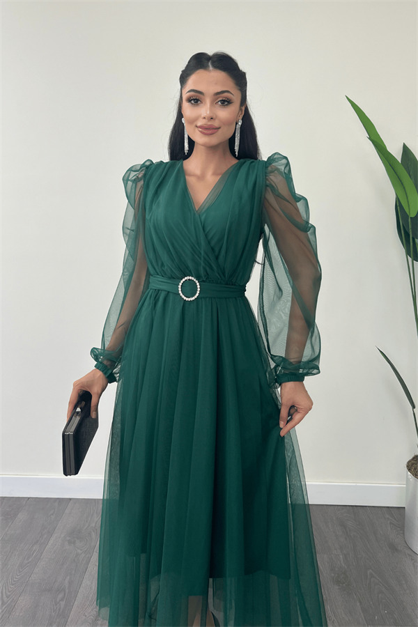 Tül Kumaş Kruvaze Yaka Taş Kemer Detaylı Elbise - ZÜMRÜT YEŞİL - 3