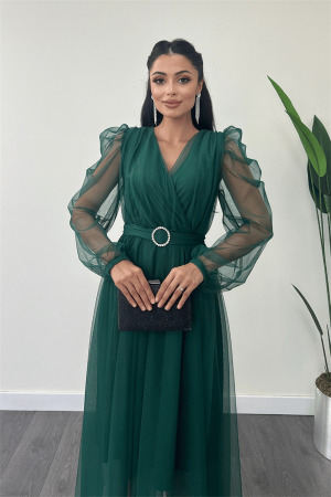 Tül Kumaş Kruvaze Yaka Taş Kemer Detaylı Elbise - ZÜMRÜT YEŞİL - 4