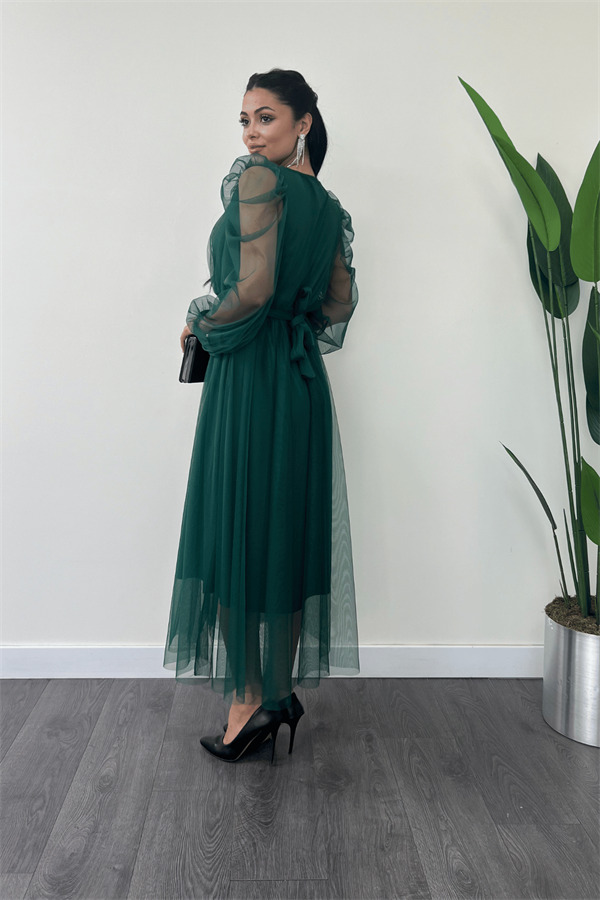 Tül Kumaş Kruvaze Yaka Taş Kemer Detaylı Elbise - ZÜMRÜT YEŞİL - 5