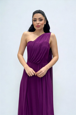 Tül Kumaş Straplez Şal Detaylı Elbise - PATLICAN MOR - 1