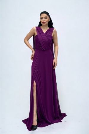 Tül Kumaş Straplez Şal Detaylı Elbise - PATLICAN MOR - 2