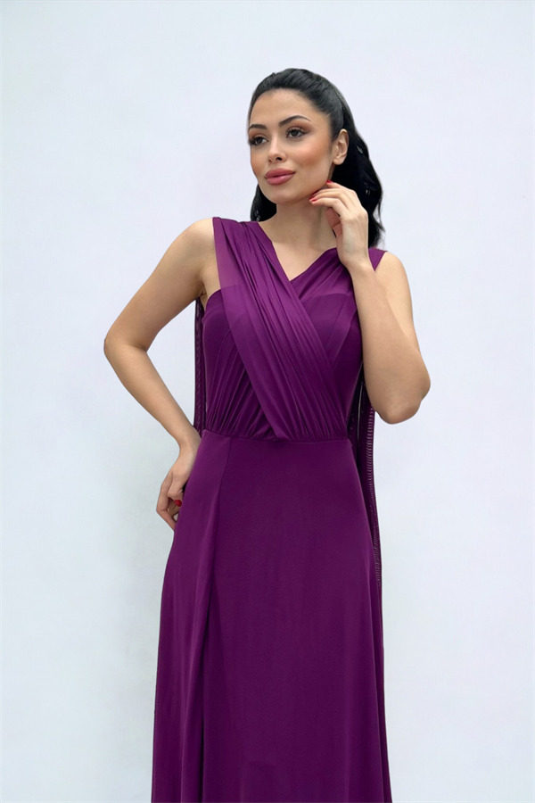 Tül Kumaş Straplez Şal Detaylı Elbise - PATLICAN MOR - 3