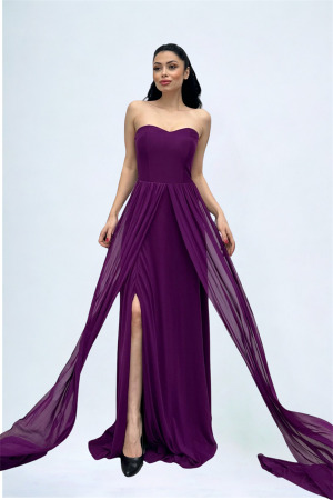 Tül Kumaş Straplez Şal Detaylı Elbise - PATLICAN MOR - 4