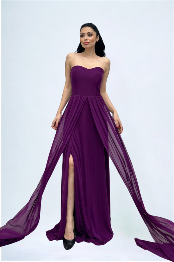 Tül Kumaş Straplez Şal Detaylı Elbise - PATLICAN MOR - 4