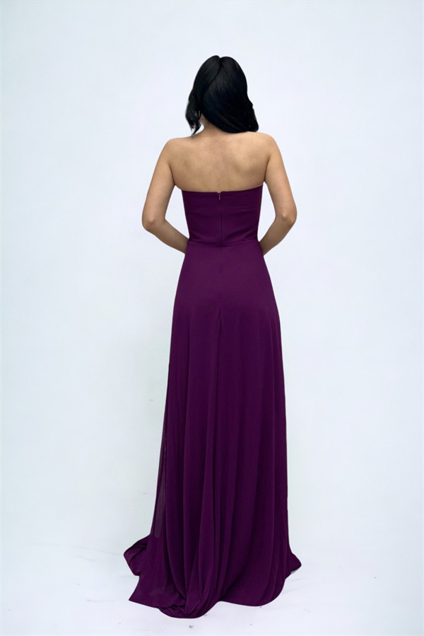 Tül Kumaş Straplez Şal Detaylı Elbise - PATLICAN MOR - 5