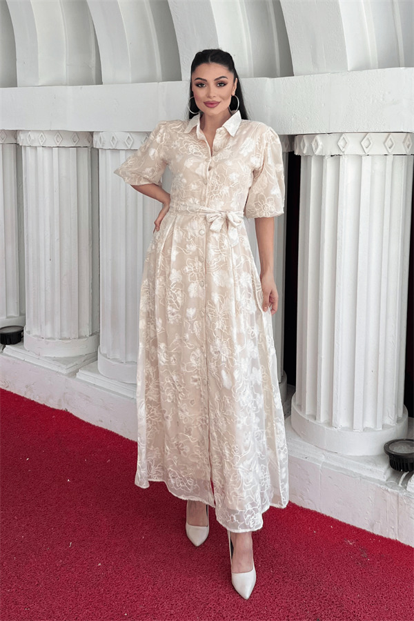 Tül Kumaş Üç Boyut Dikişli Midi Elbise - KREM - 1