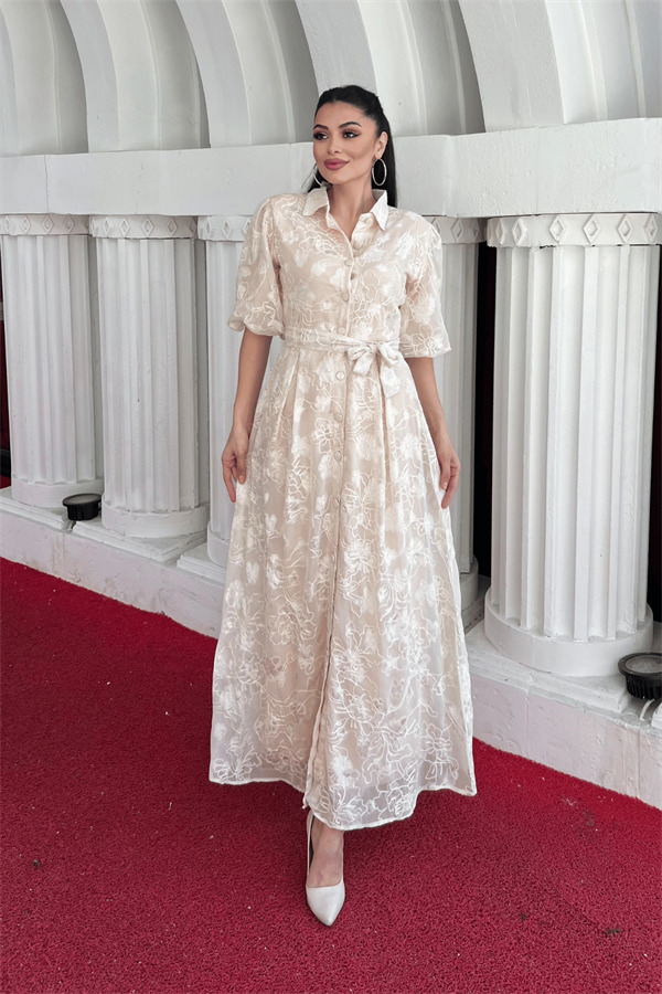 Tül Kumaş Üç Boyut Dikişli Midi Elbise - KREM - 2