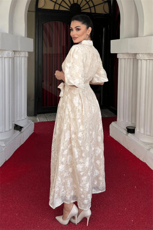 Tül Kumaş Üç Boyut Dikişli Midi Elbise - KREM - 5