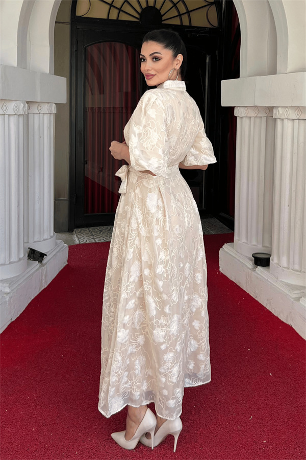 Tül Kumaş Üç Boyut Dikişli Midi Elbise - KREM - 5