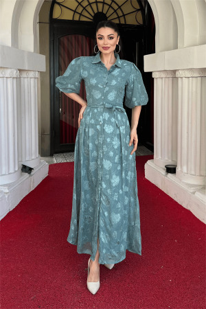 Tül Kumaş Üç Boyut Dikişli Midi Elbise - MİNT YEŞİLİ - Angelino Moda