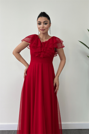 Tül Kumaş V Yaka Detaylı Maxi Elbise - KIRMIZI - 4