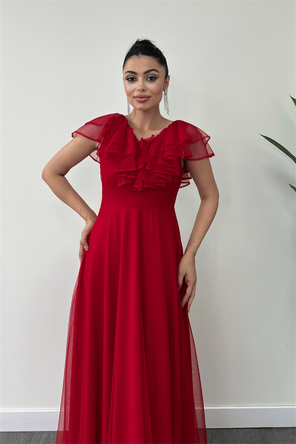 Tül Kumaş V Yaka Detaylı Maxi Elbise - KIRMIZI - 4